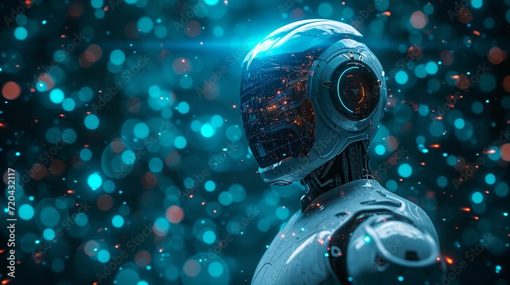Illustration of an artificial intelligence human robot body with a technological feel background, generative AI, background image Illustration of an artificial intelligence human robot body with a technological feel background, generative AI, background image