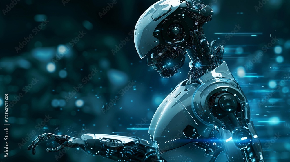 Illustration of an artificial intelligence human robot body with a technological feel background, generative AI, background image - obrazy, fototapety, plakaty 