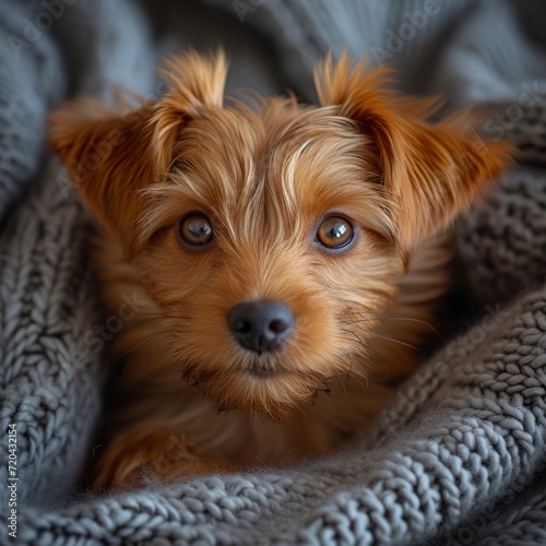 An adorable, funny and cuddly pet dog. Close-up of a fun and playful puppy in a cozy environment. Concept of animal care and affection.