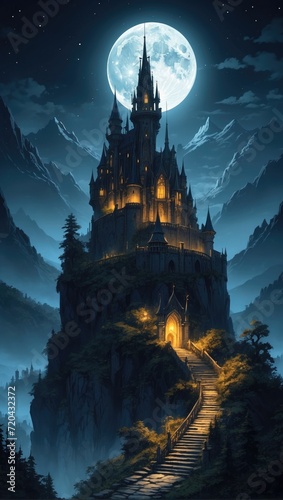 concept art illustration of a extremely detailed ominous gothic castle castlevnia in a mountain edge at night in an overgrown and magical world, dark fantasy art
