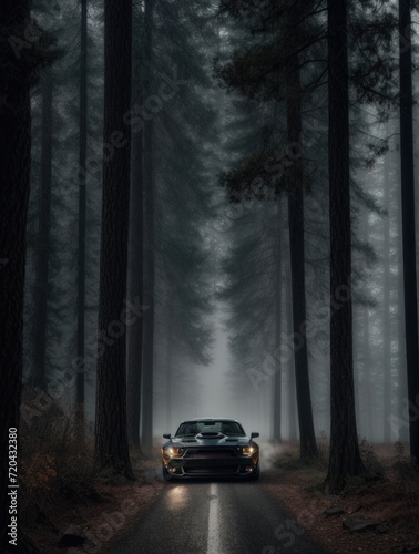 a black Challenger SRT® Hellcat Redeye car with lots of steam in little dark setting with foggy weather in the forest with dead trees