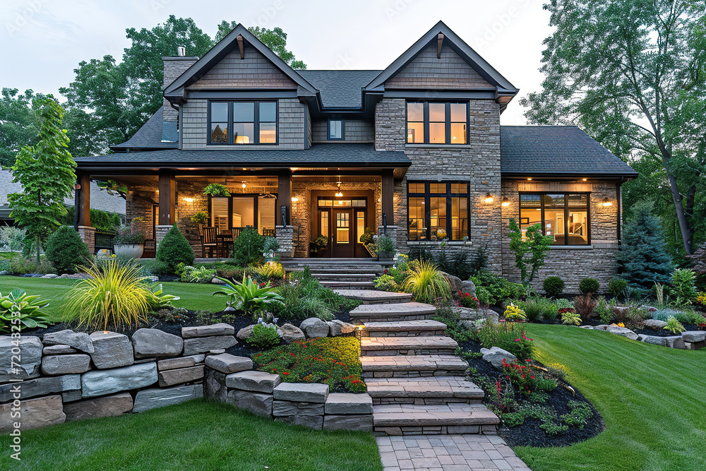 Beautiful luxury home exterior view on stunning curb appeal with colorful plants and cloud sky english country house landscaping. Beautiful luxury home exterior view on stunning curb appeal with colorful plants and cloud sky english country house landscaping.