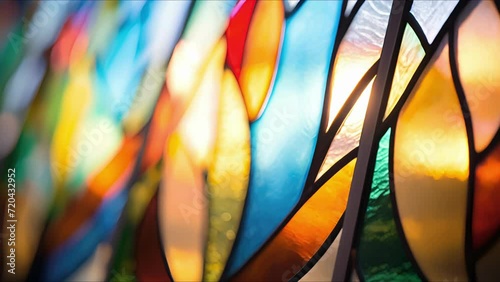 Closeup of a traditional stainedglass window, a beautiful and colorful feature in a modern building. photo