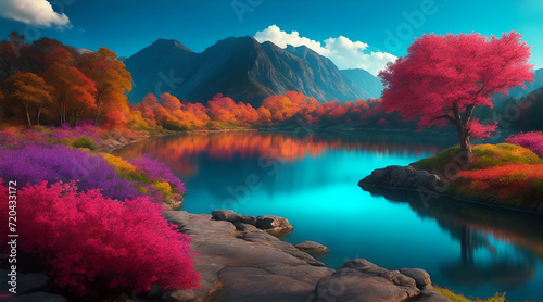 Colorful autumn landscape with lake and mountains 3d illustration