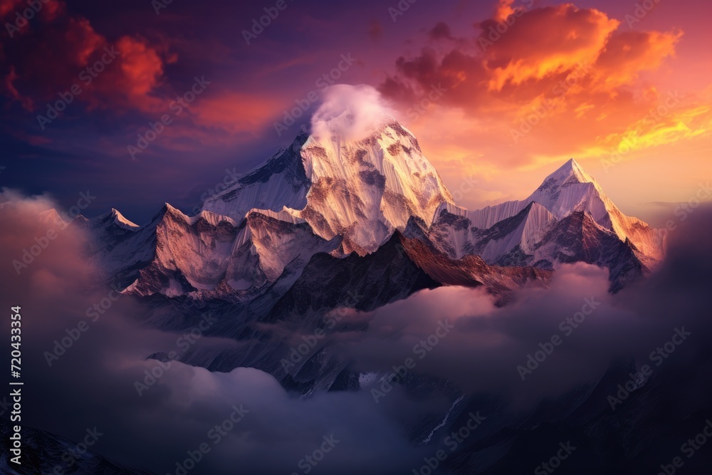 A mountain peak covered in thick clouds under a stormy and overcast sky, Twilight sky over Mount Everest, Nuptse, Lhotse, and Makalu in the Nepal Himalaya, AI Generated - obrazy, fototapety, plakaty 