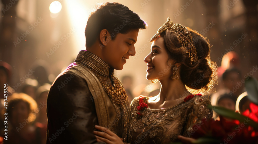 An Indian bride and groom smile intimately in traditional wedding clothing. An Indian bride and groom smile intimately in traditional wedding clothing.