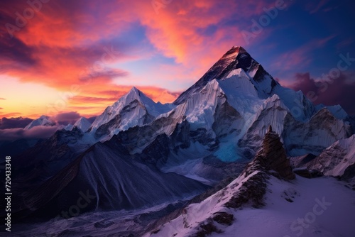 Majestic Snow Covered Mountain Beneath Vivid Sky, Twilight sky over Mount Everest, Nuptse, Lhotse, and Makalu in the Nepal Himalaya, AI Generated