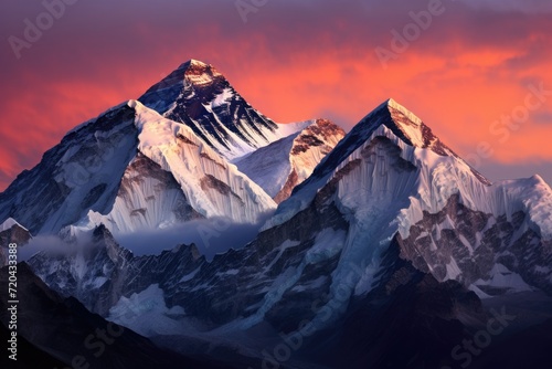 A stunning snow covered mountain with a mesmerizing pink sky in the background, Twilight sky over Mount Everest, Nuptse, Lhotse, and Makalu in the Nepal Himalaya, AI Generated