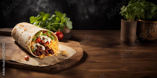 Burrito de carne servido em uma tábua de corte e sobre mesa de madeira. Burrito de carne, batata palha, cheiro verde e tomate. photo
