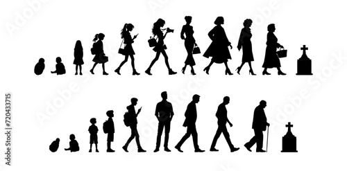 Vector illustration. Silhouette of growing up man from baby to old age. Many people of different ages in a row.	 photo