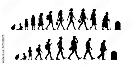Vector illustration. Silhouette of growing up man from baby to old age. Many people of different ages in a row. 