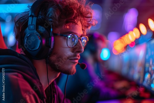 Jeune homme gamer sur son ordinateur en train de jouer en ligne photo