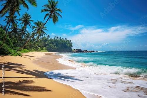 A serene sandy beach adorned with swaying palm trees, overlooking the calm and endless expanse of the ocean, Untouched tropical beach in Sri Lanka, AI Generated