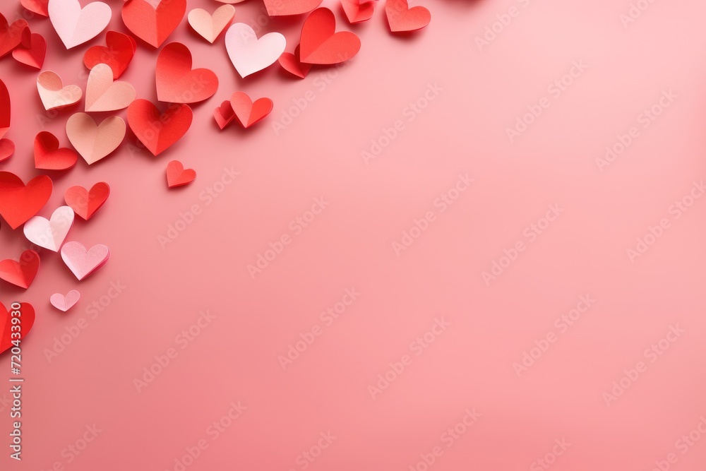 A vibrant pink background filled with an array of red and pink hearts, Valentine's Day background, Stream of red and pink paper hearts flying out on a pink backdrop, AI Generated
