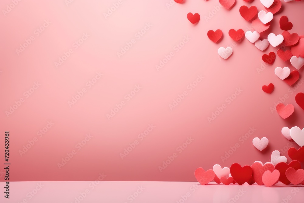 Pink Background With Red and White Hearts, Valentine's Day background, Stream of red and pink paper hearts flying out on a pink backdrop, AI Generated