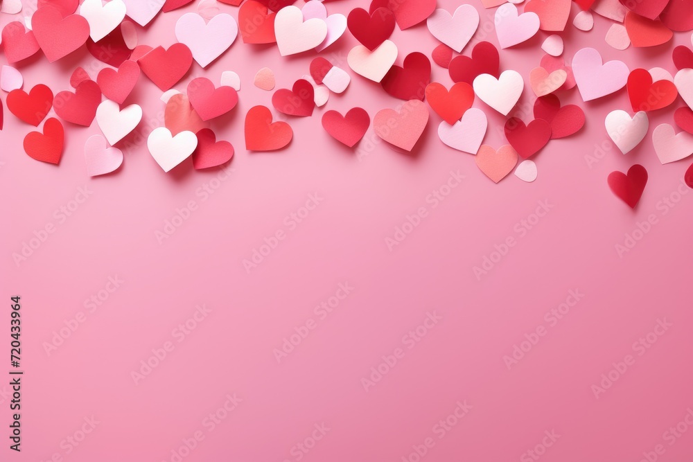 Pink Background With Multitude of Red and Pink Hearts, Valentine's Day background, Stream of red and pink paper hearts flying out on a pink backdrop, AI Generated
