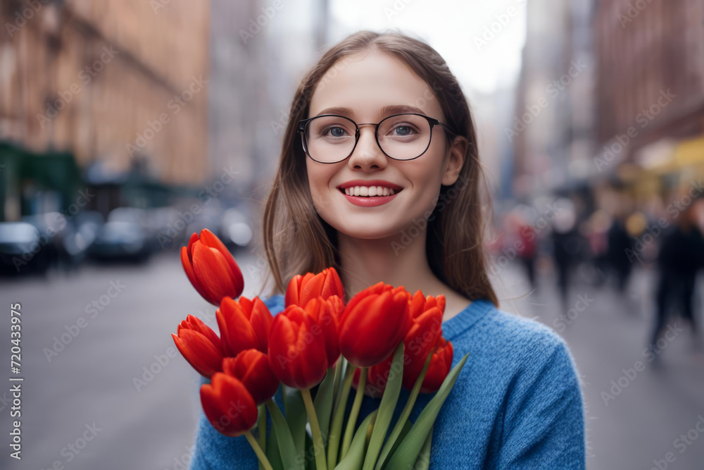 Fototapeta premium Portrait of beautiful woman holding red tulips in her hand. Against the backdrop of a big city. International Women's Day.