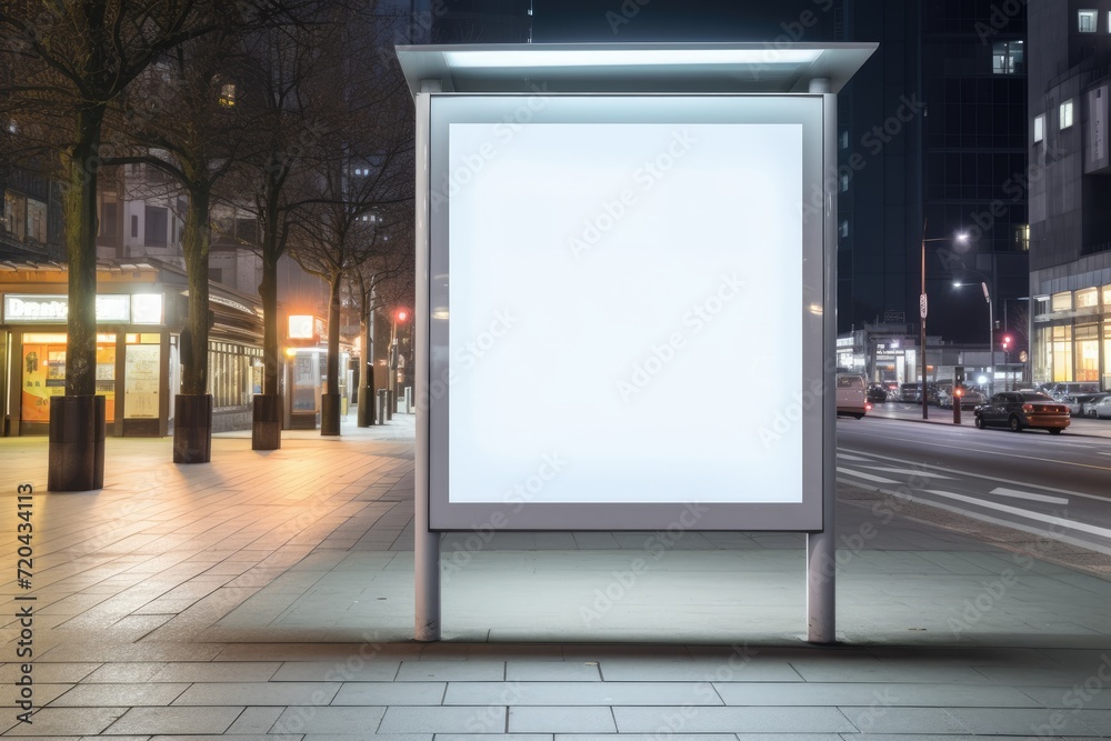 A large white billboard stands prominently on the side of a busy road, Vertical blank white billboard at a bus stop on a city street, AI Generated