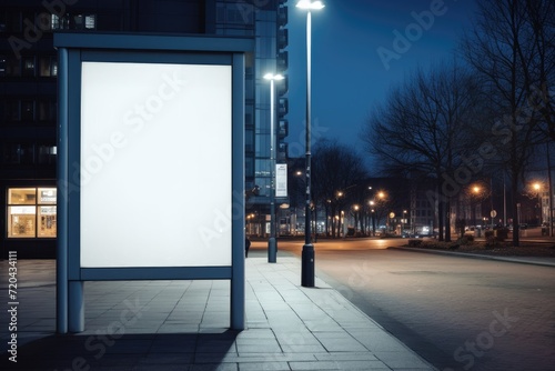 A large white billboard is prominently displayed on the side of the road, attracting the attention of passersby, Vertical blank white billboard at a bus stop on a city street, AI Generated