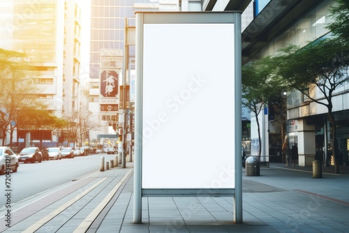 A vacant billboard is visible on the side of a bustling city street, awaiting a new advertisement or company, Vertical blank white billboard at a train stop on a city street, AI Generated