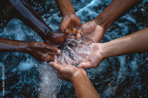 Hands of different ethnicities holding water photo