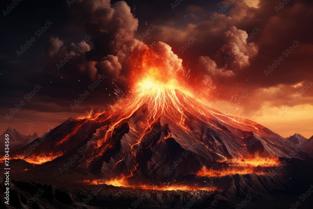 Majestic Volcanic Mountain Erupting With Fiery Lava and Steam, Volcanic Mountain In Eruption - 3D rendering, AI Generated