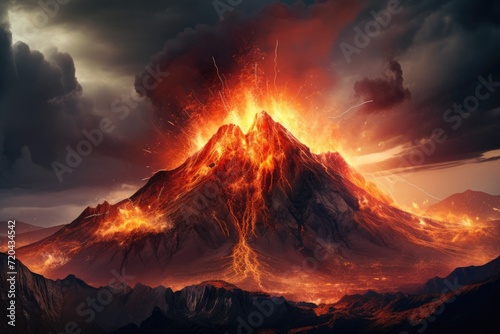 Witness a surreal sight as a colossal mountain spews forth a scorching blaze, creating an intense spectacle of natures fury, Volcanic Mountain In Eruption - 3D rendering, AI Generated
