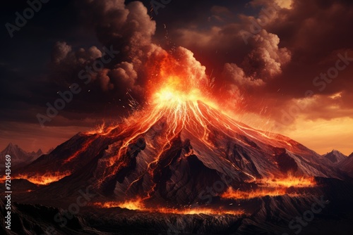 Majestic Volcanic Mountain Erupting With Fiery Lava and Steam, Volcanic Mountain In Eruption - 3D rendering, AI Generated