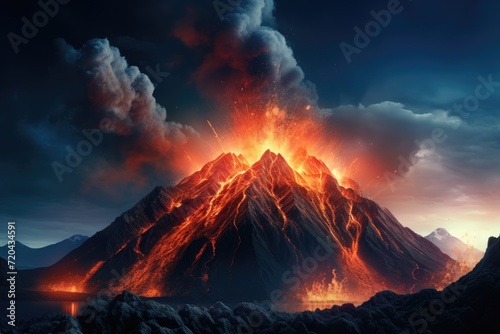 Witness the breathtaking sight of a colossal mountain, spewing forth an abundance of molten lava, creating a captivating visual spectacle, Volcanic Mountain In Eruption - 3D rendering, AI Generated