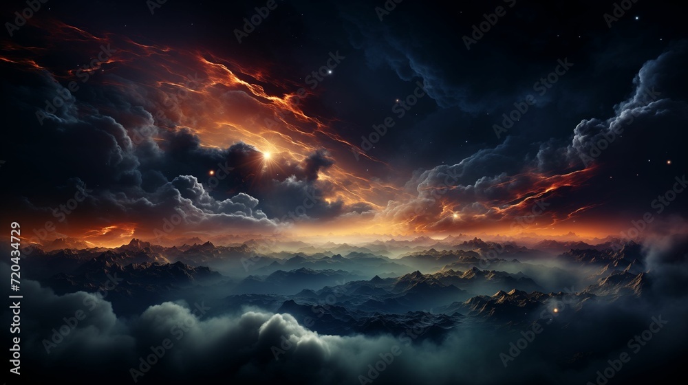 Ethereal Sky Over Rugged Peaks: Celestial Sunrise Landscape