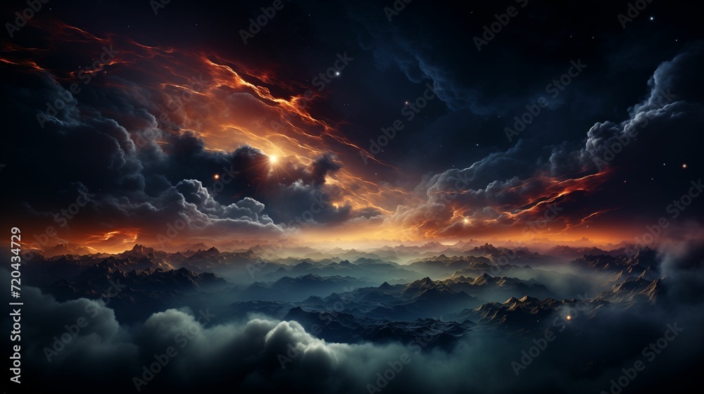 Ethereal Sky Over Rugged Peaks: Celestial Sunrise Landscape Ethereal Sky Over Rugged Peaks: Celestial Sunrise Landscape