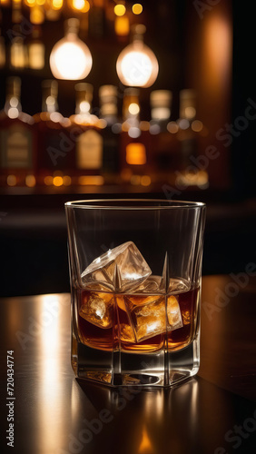 Glass of whiskey with ice cubes on the bar counter. Scotch whiskey, rum, or bourbon.