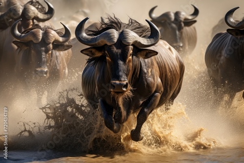 A large group of untamed animals running swiftly through a flowing river, Wildebeests crossing Mara River, Great Migration, Kenya, Tanzania, Maasai Mara National Park, AI Generated