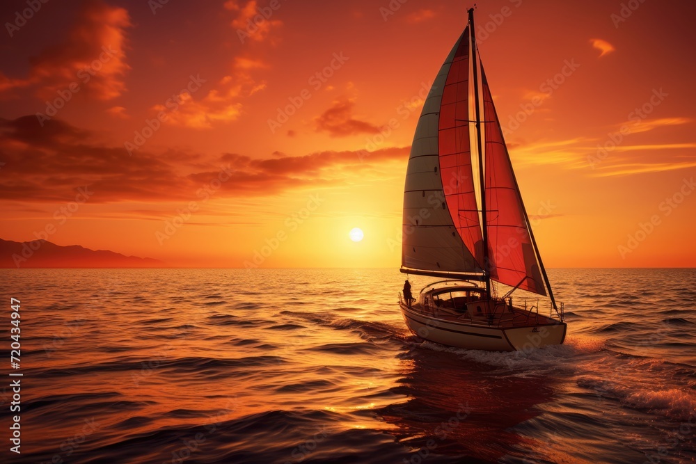 Witness a breathtaking view of a sailboat gracefully cruising through the ocean as the sun sets, casting a warm golden glow, Yacht cruising at sunset, AI Generated