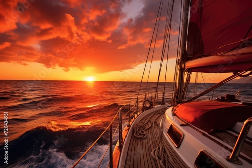 A stunning view of the sun setting over the ocean as seen from a sailboat, Yacht cruising at sunset, AI Generated © Ifti Digital