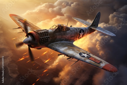 Witness an iconic World War II fighter plane as it fearlessly navigates the skies in a display of its historical significance, World War 2 era fighter plane, AI Generated photo