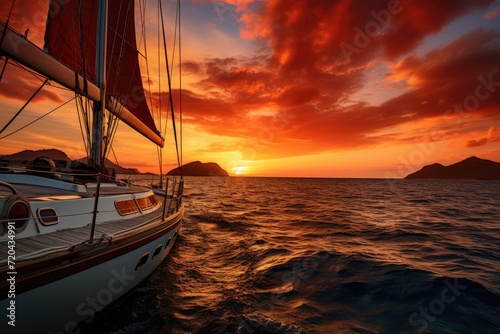 A serene sailboat glides through the Ocean at sunset, creating a picturesque scene with vibrant hues, Yacht cruising at sunset, AI Generated © Ifti Digital