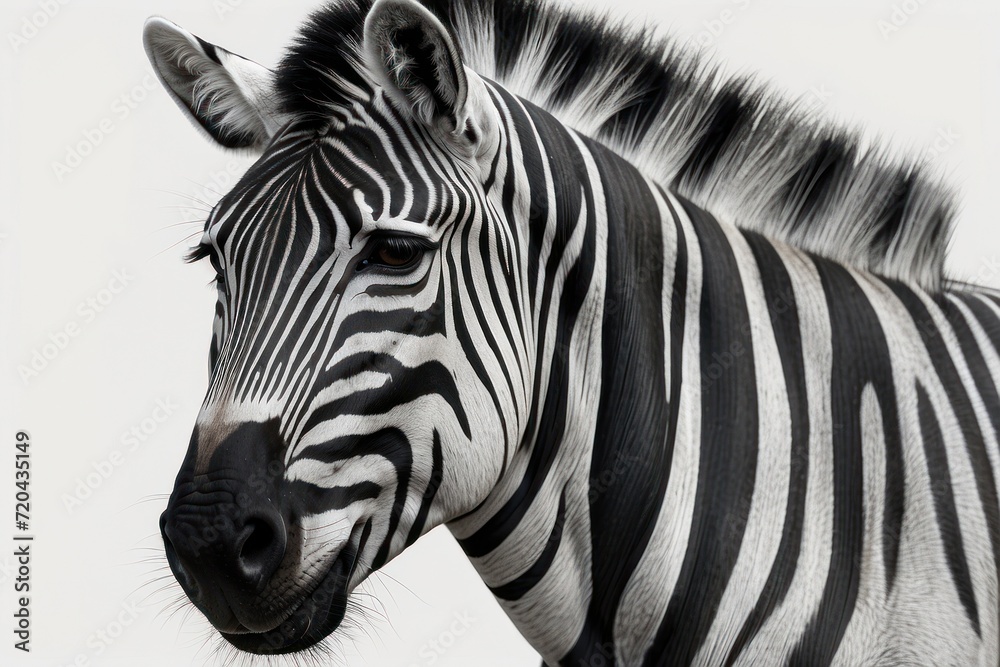 Fototapeta premium Close-up portrait of a black and white zebra head in a grassy nature park