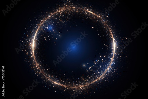 Sapphire blue glitter circle of light shine sparkles and rose gold spark particles in circle frame