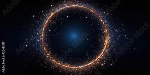 Sapphire blue glitter circle of light shine sparkles and rose gold spark particles in circle frame