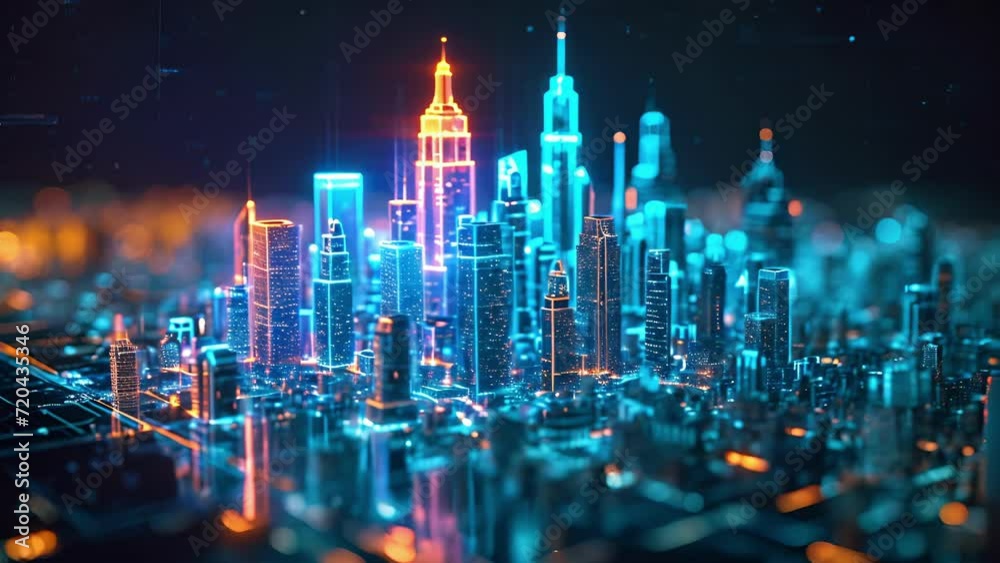 A hologram of a city skyline brings to life an investors diversified portfolio with buildings representing different stocks and ets.