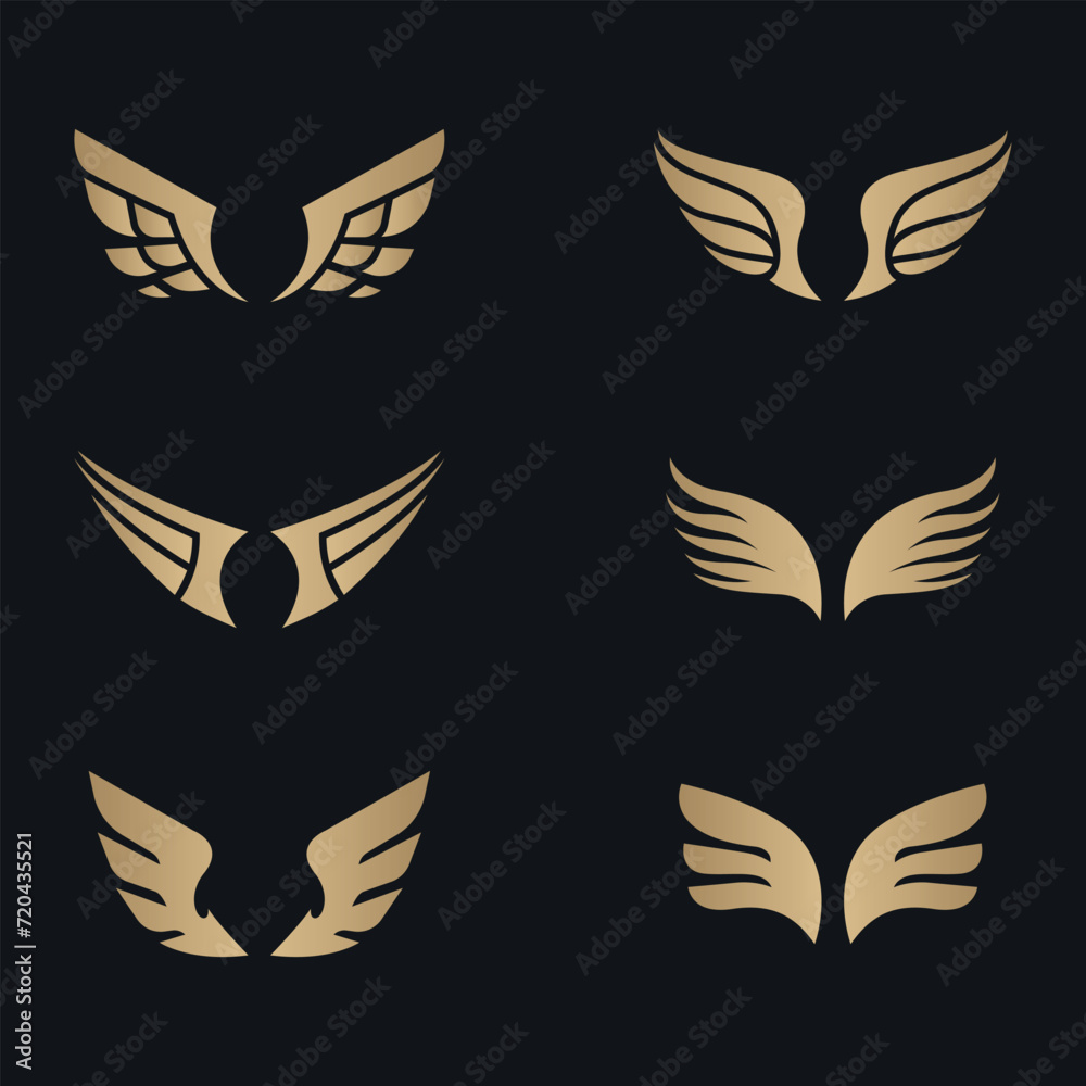 A set of golden wings. Silhouettes. 6 pieces. Vector on black background