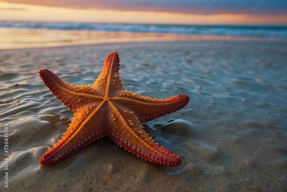 Red starfish rests on a sandy beach by the tranquil ocean, embodying the essence of summer vacation and marine life in a tropical paradise Red starfish rests on a sandy beach by the tranquil ocean, embodying the essence of summer vacation and marine life in a tropical paradise