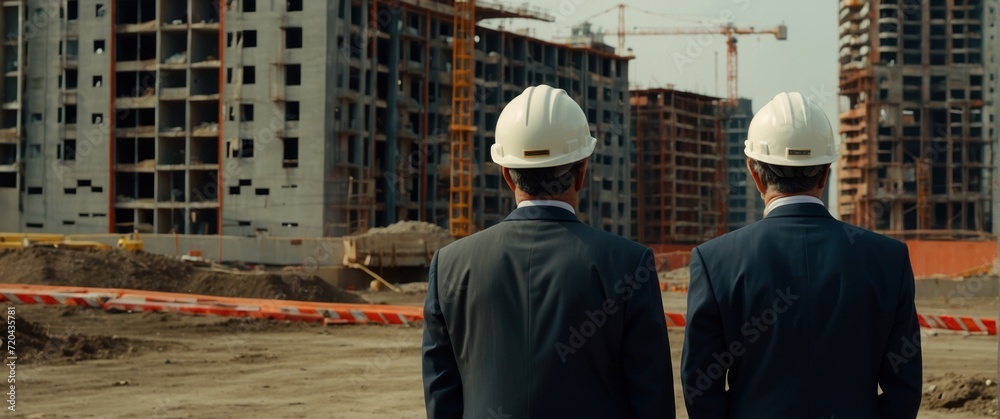 Construction team of architects and workers collaborating on-site for successful project management in the business and engineering industry
