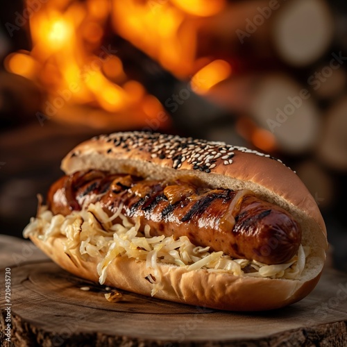 grilled sausage hotdog with grated sour cabbage served infront of the burning logs . generative ai