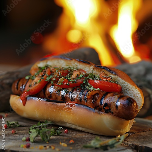 grilled sausage hotdog with tomatoes served infront of the burning logs . generative ai