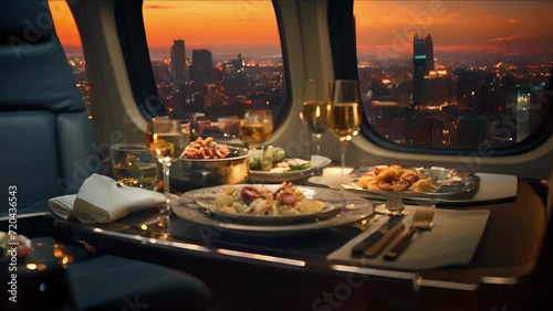 The city skyline comes to life through the window of the private jet, adding to the ambience of the tail table set with sparkling glassware and exquisite dÃ©cor. photo