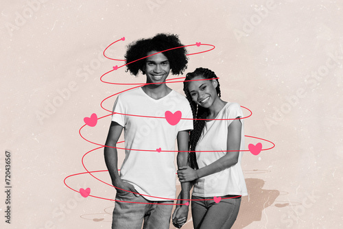 Horizontal doodle photo collage happy young couple stand together smile cuddle girlfriend hold boyfriend hand on pale pink background