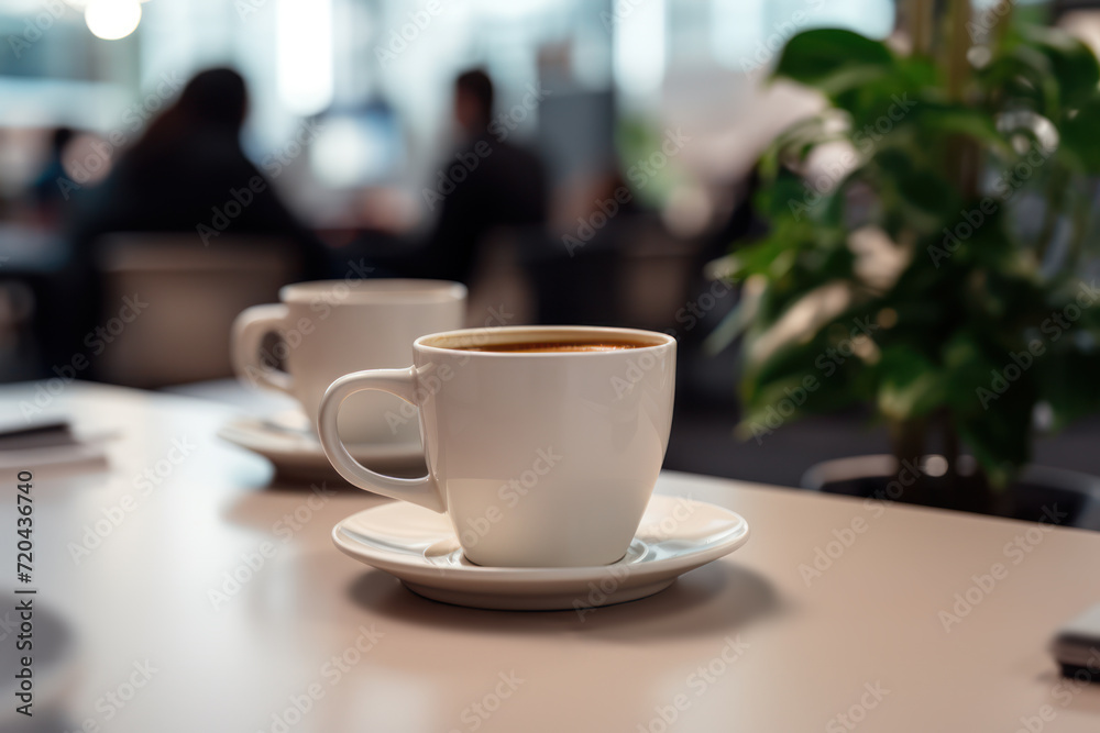 Coffee cup close-up on the table. Coffee break in business meeting or cafe. Cappuccino cup on the table. People in the blurred background. Coffee cup close-up on the table. Coffee break in business meeting or cafe. Cappuccino cup on the table. People in the blurred background.