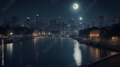 Night view of a cityscape with a river and a full moon